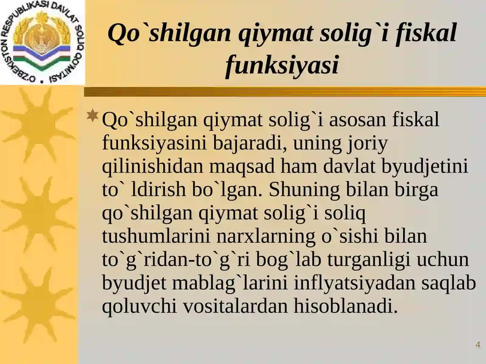 Qo'shilgan qiymat solig'ining soliqqa tortish ob'ekti, soliq stavkalari va imtiyozlari 4
