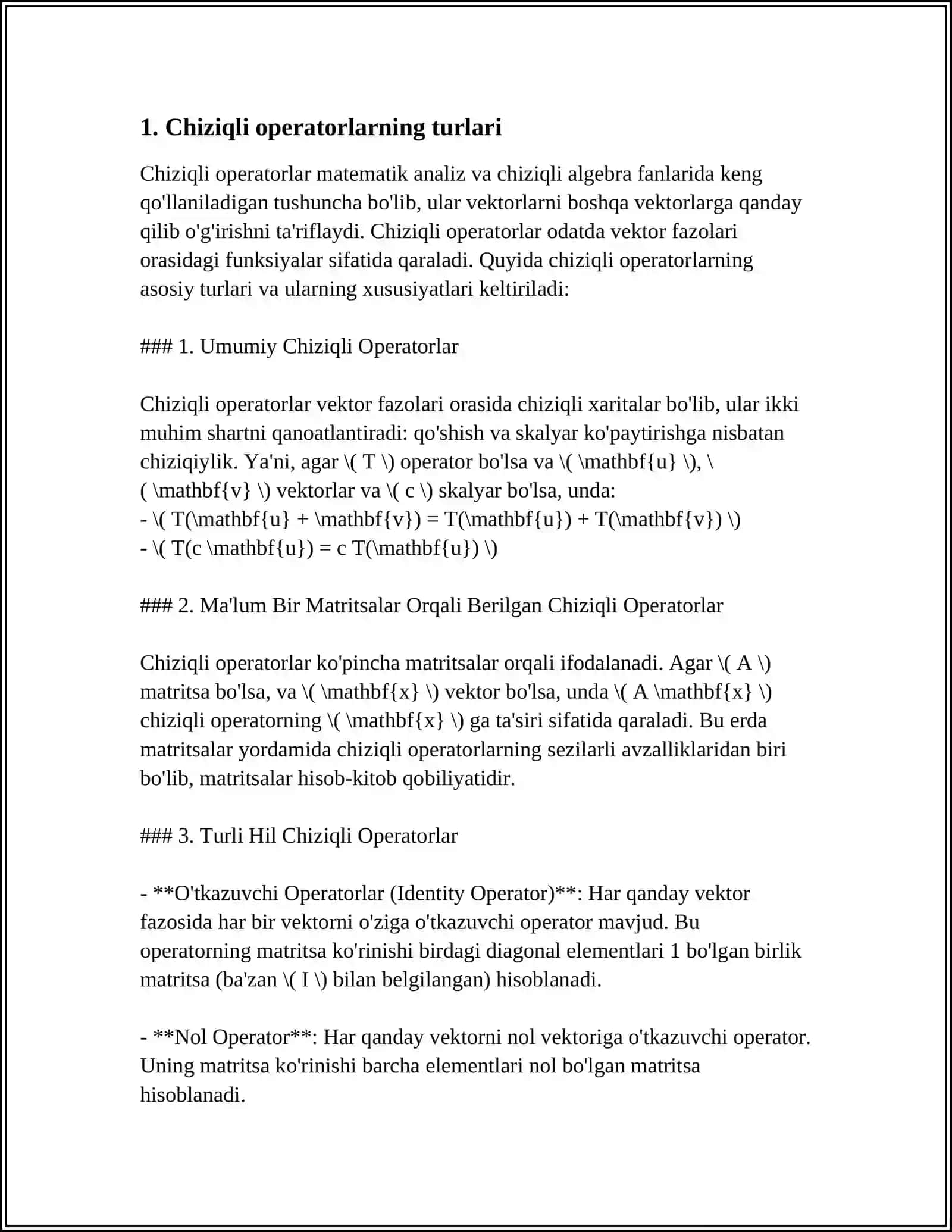 CHIZIQLI OPERATORLAR VA ULARNING XOSSALARI. IQTISODIY MASALALARNI YECHISHNING BA’ZI METODLARI. LEONTEV MODELI. BOZOR IQTISODIYOTI JARAYONLARINI MODELLASHTIRISH. IQTISODIY MASALALARNI GRAFIK USULDA YECHISH VA TAHLIL QILISH 4