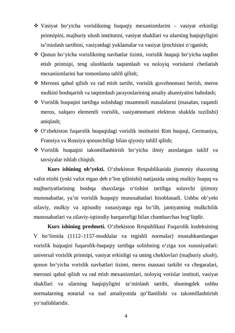 VASIYAT BO‘YICHA VORISLIKNI FUQAROLIK-HUQUQIY TARTIBGA SOLISHNING O'ZIGA XOS XUSUSIYATLARI 4