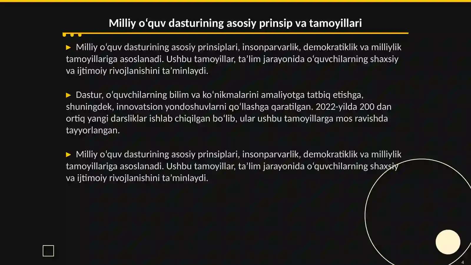 Milliy o‘quv dasturining mazmun-mohiyati.O‘zbekistonda yangi avlod darsliklarining yaratilishi.Steam yondoshuv 4