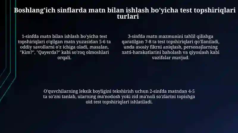 Boshlang'ich ta'limda matn bilan ishlash bo'yicha test topshiriqlari 4