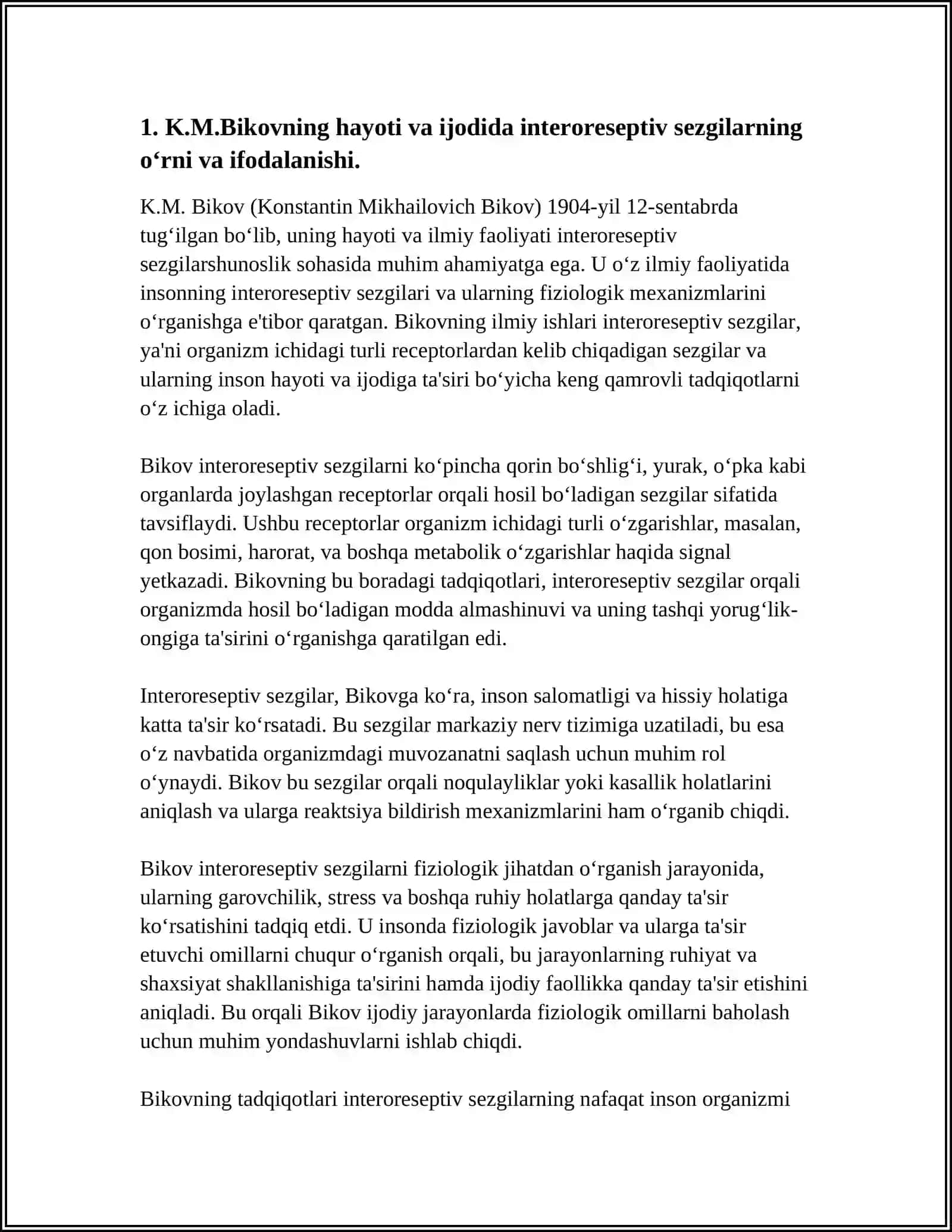 K.M.BIKOVRNING HAYOTI VA IJODI HAMDA INTERORETSEPTIV SEZGILARNING FIZIOLOGIK MEXANIZMLARI BO'YICHA TADQIQOTLARI 4