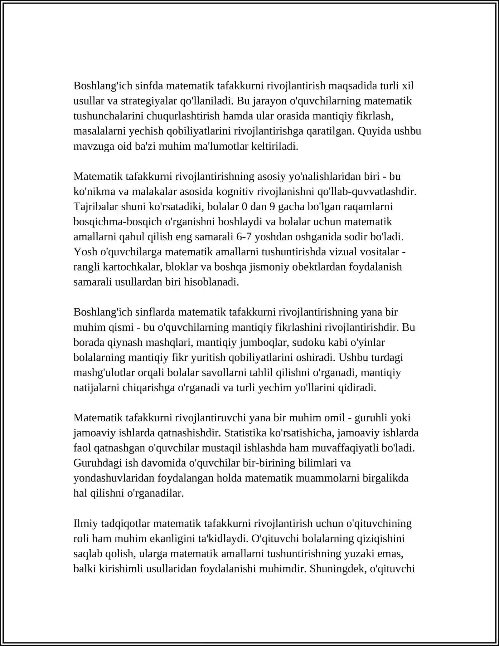 BOSHLANGʻICH SINFDA MATEMATIKA OʻQITISH METODIKASI 4