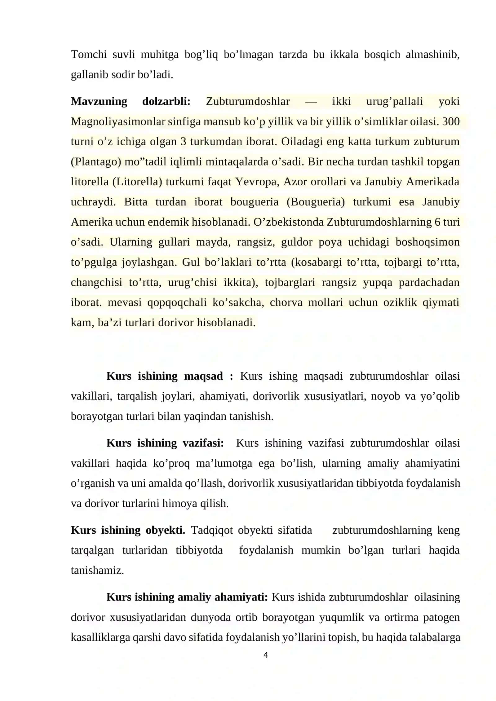 BOTANIKA FANIDAN O’ZBEKISTONDA ZUBTURUMDOSHMAVZUSIDA KURS ISHI 4