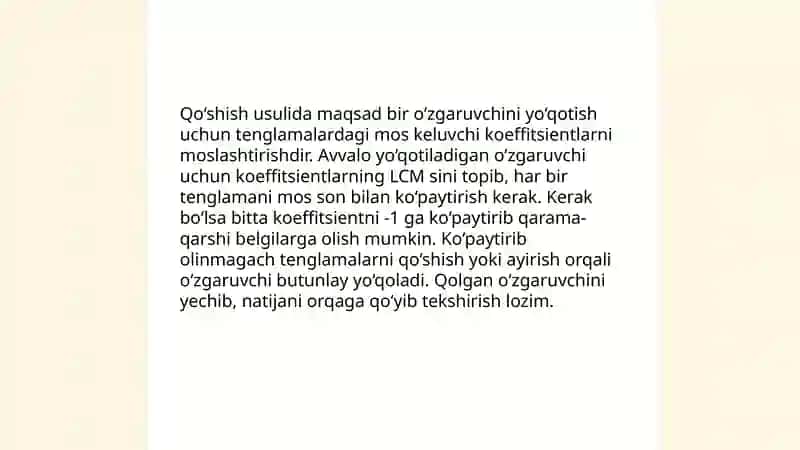 Ikki o‘zgaruvchili tenglamalar sistemasini yechishning qo‘shish, o‘rniga qo‘yish, grafik usullari 4