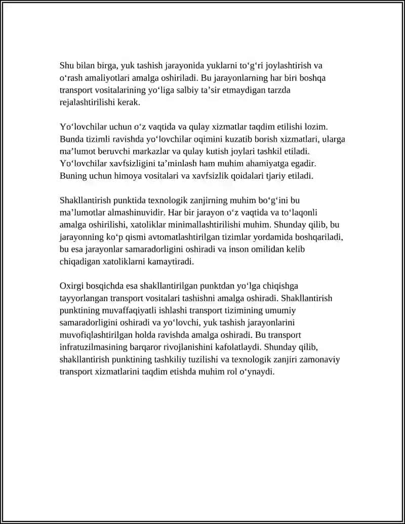 SHAKLLANTIRISH PUNKTIDA YOʻLOVCHI VA YUK HARAKAT TARKIBINING YOLGA TAYYORLASHNING TEXNOLOGIK JARAYONI 4