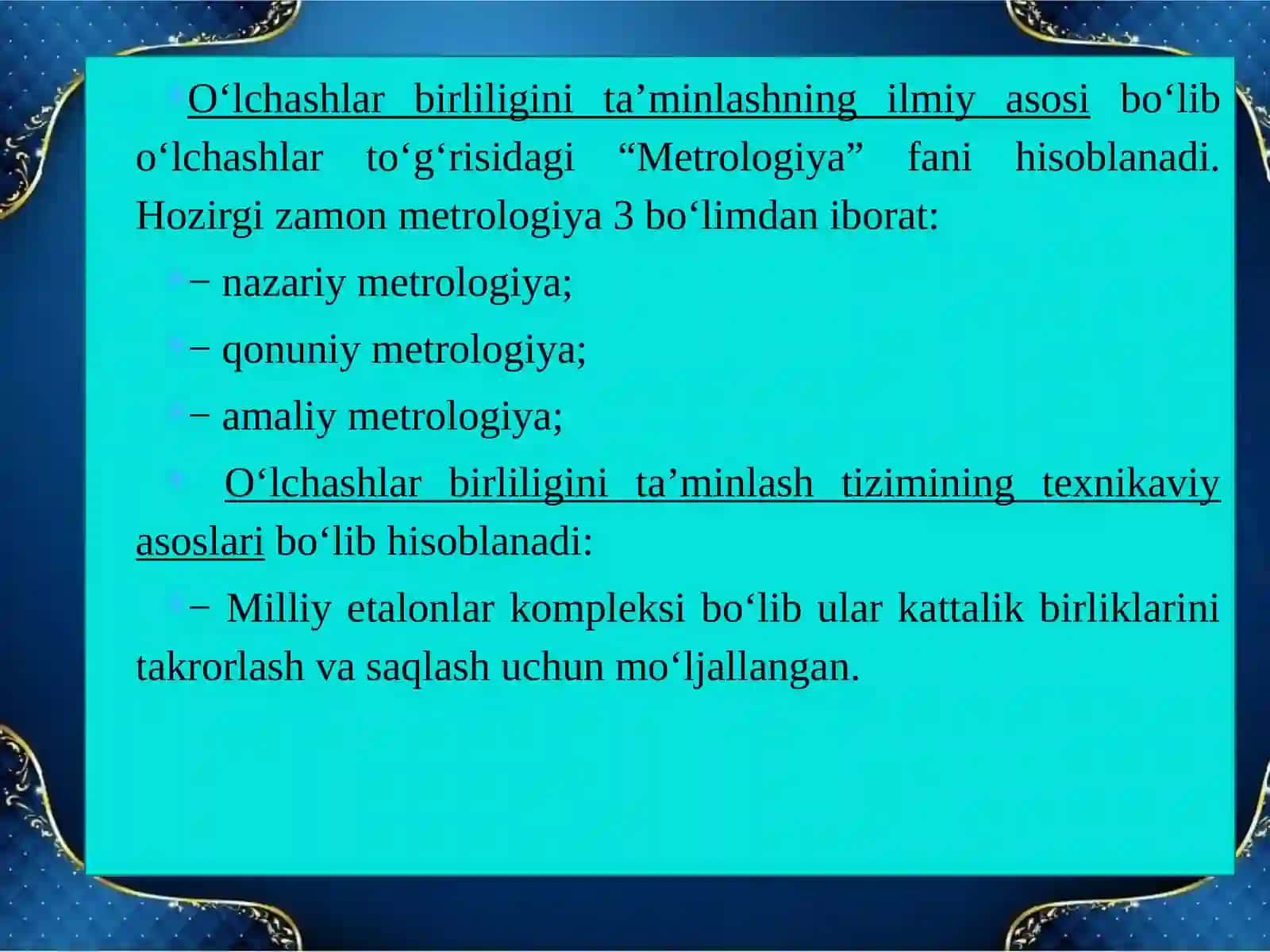 O‘LCHASHLAR BIRLIGINI TA’MINLASH TIZIMI VA METROLOGIK FAOLIYATNING QONUNIY ASOSLARI 4