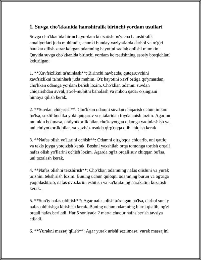 Suvga cho'kkanida hamshiralik birinchi yordam usullari 4