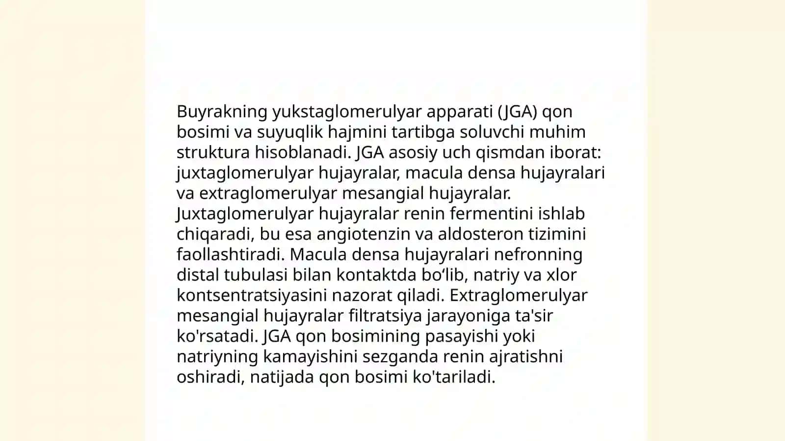 Buyrakning yukstaglomerulyar apparati sitofiziologiyasi. Nefronning gistofiziologiyasi. Buyraklar tuzilishi va regenerator imkoniyatlarining yoshga doir xususiyatlari 4