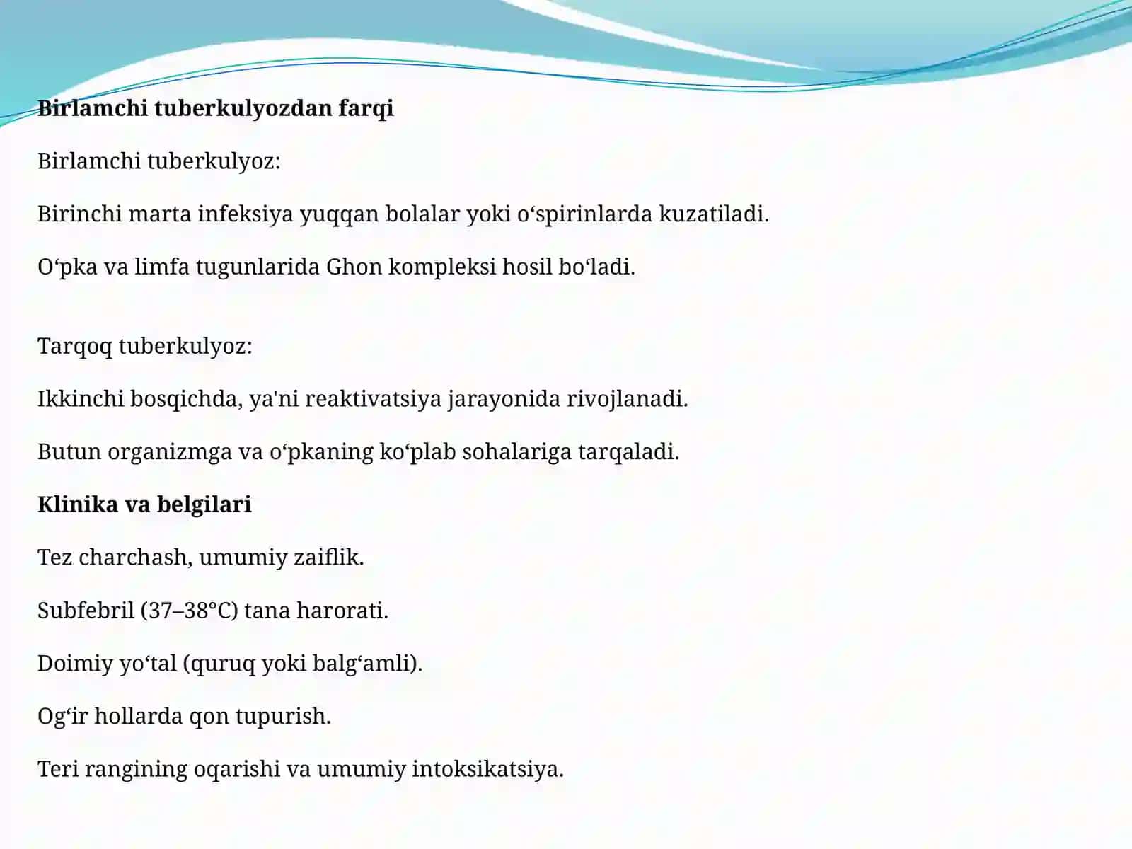 O'pkaning tarqoq tuberkulyozi. Tushuncha va birlamchi tuberkulyozdan farqi. Diagnostikasi va davolash 4