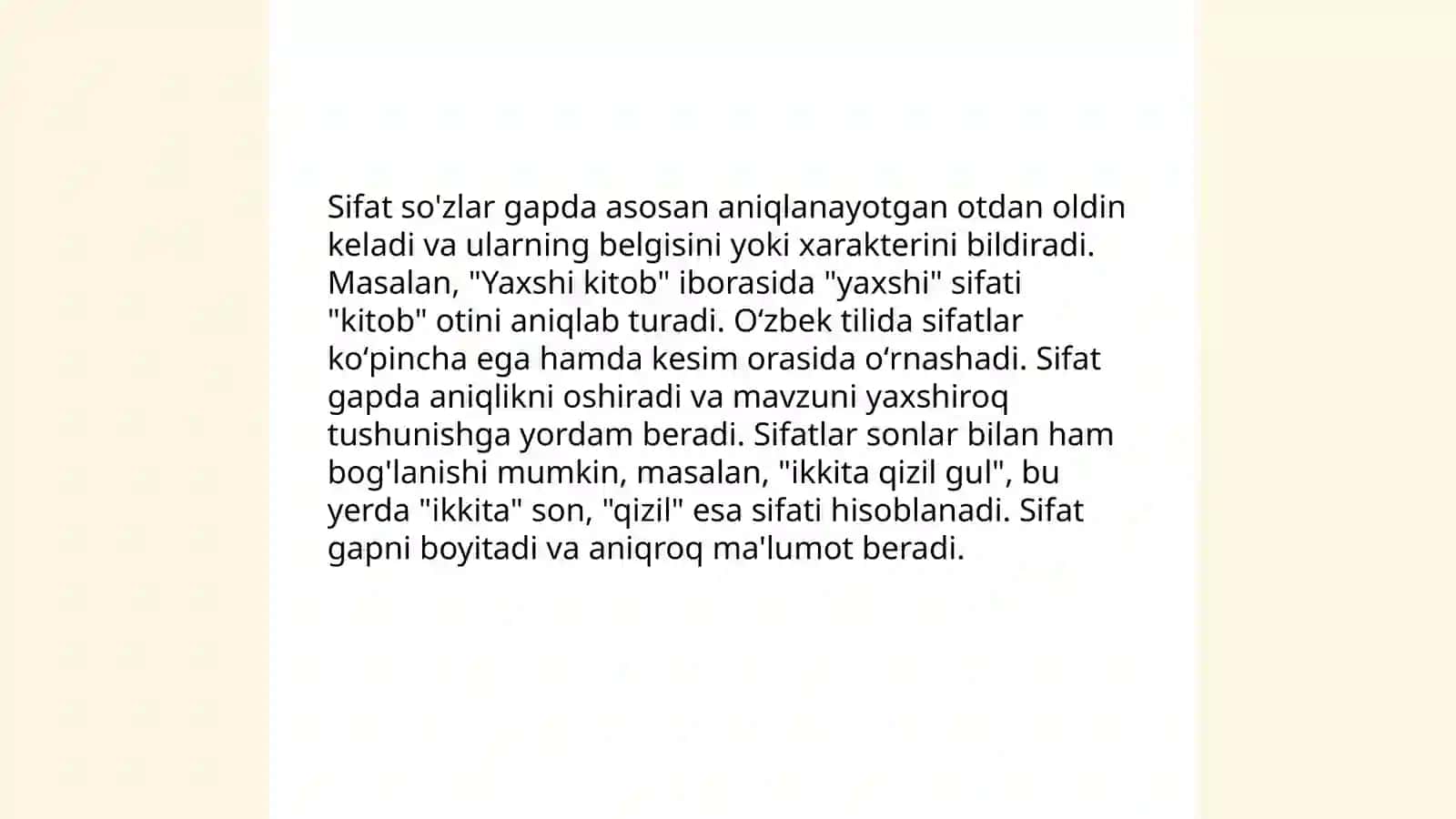 Sifat soʻz turkumining matndagi oʻrni 4
