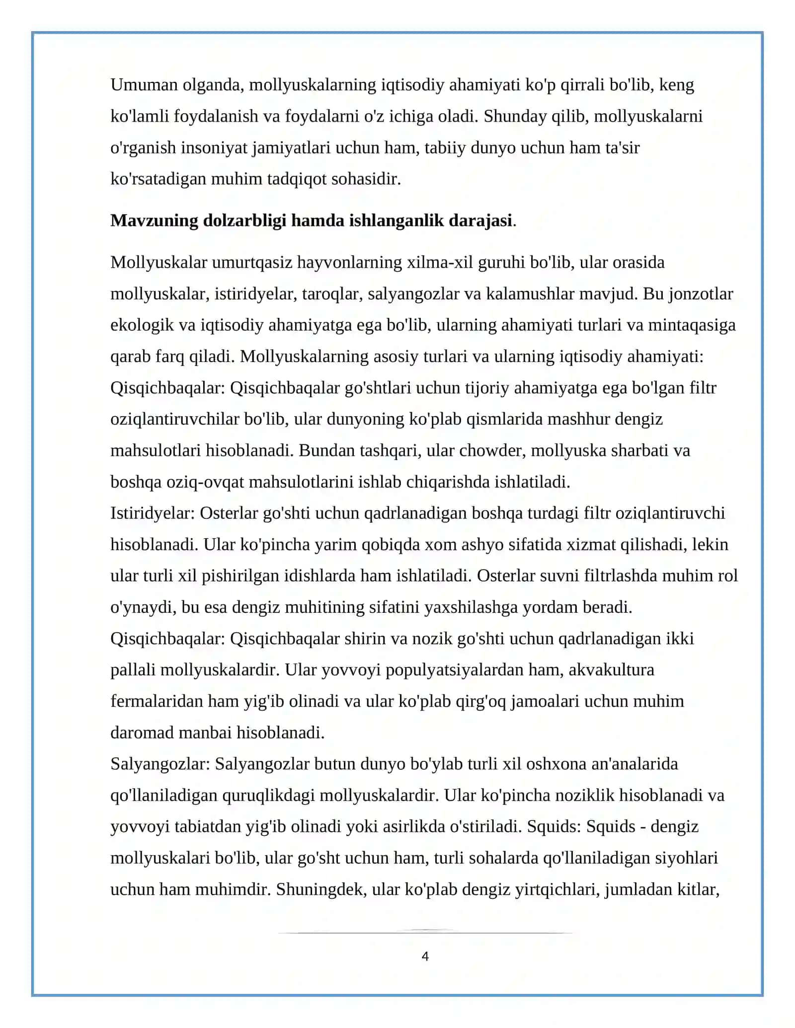 Mavzu: Ovlanadigan mollyuskalar, asosiy turlarining iqtisodiy ahamiyati 4