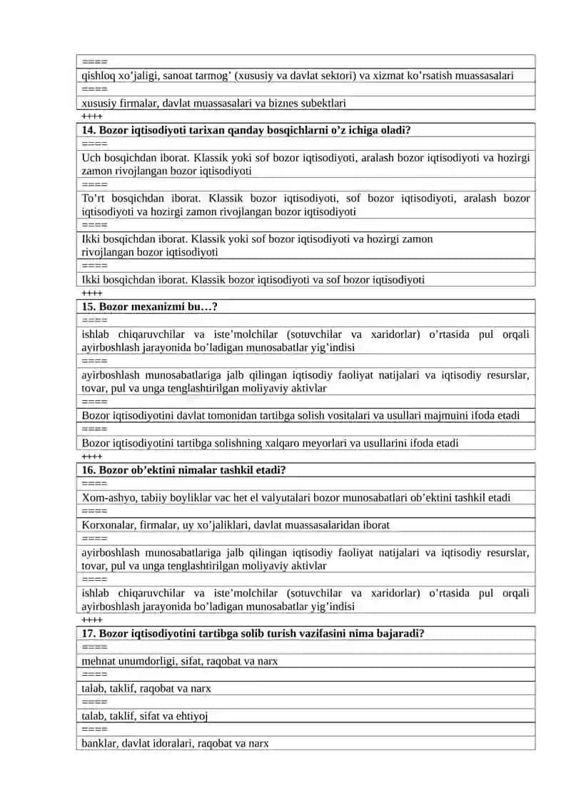 Maktab menejmenti yo’nalishi 1-kurslar uchun iqtisodiyot fanidan test savollari 4