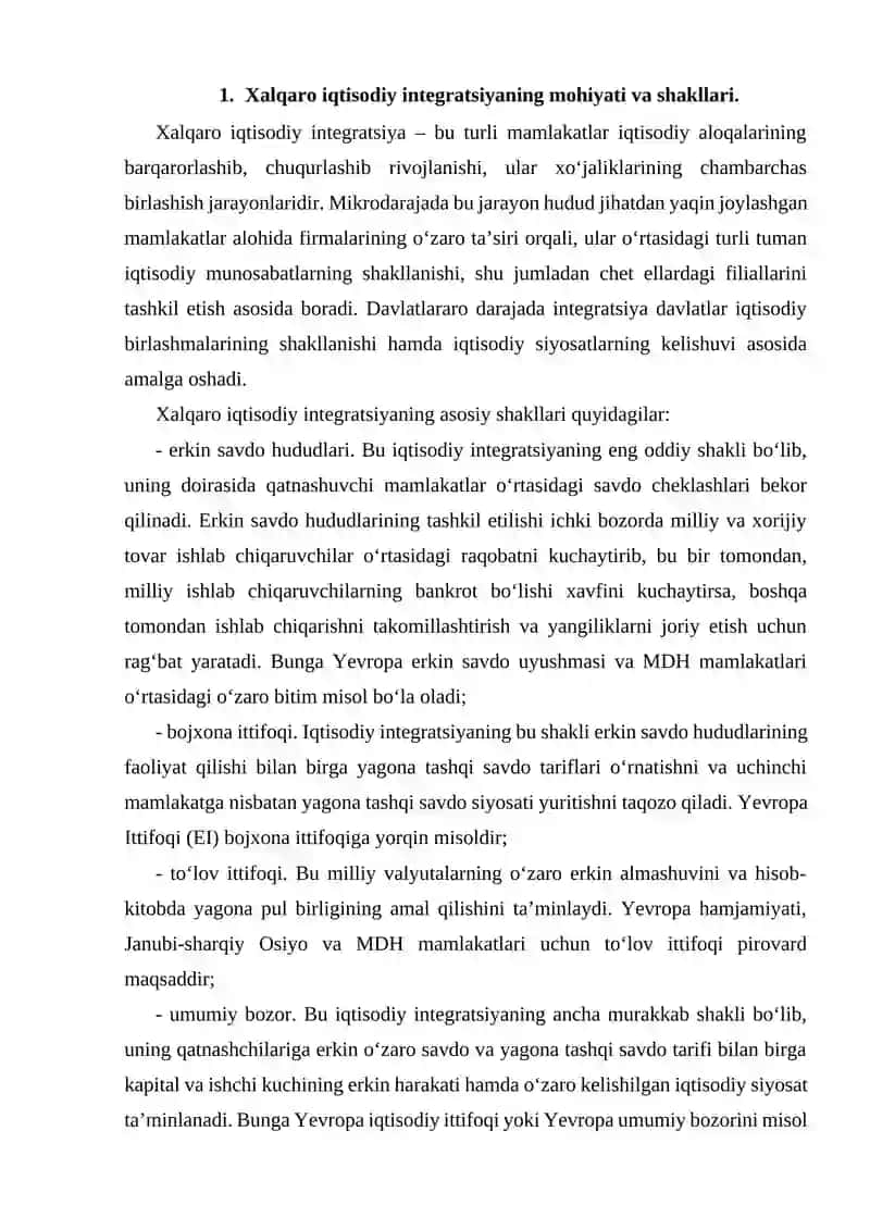 XALQARO IQTISODIY INTEGRATSIYA VA O’ZBEKISTONNING JAHON HAMJAMIYATIGA KIRIB BORISHI 4