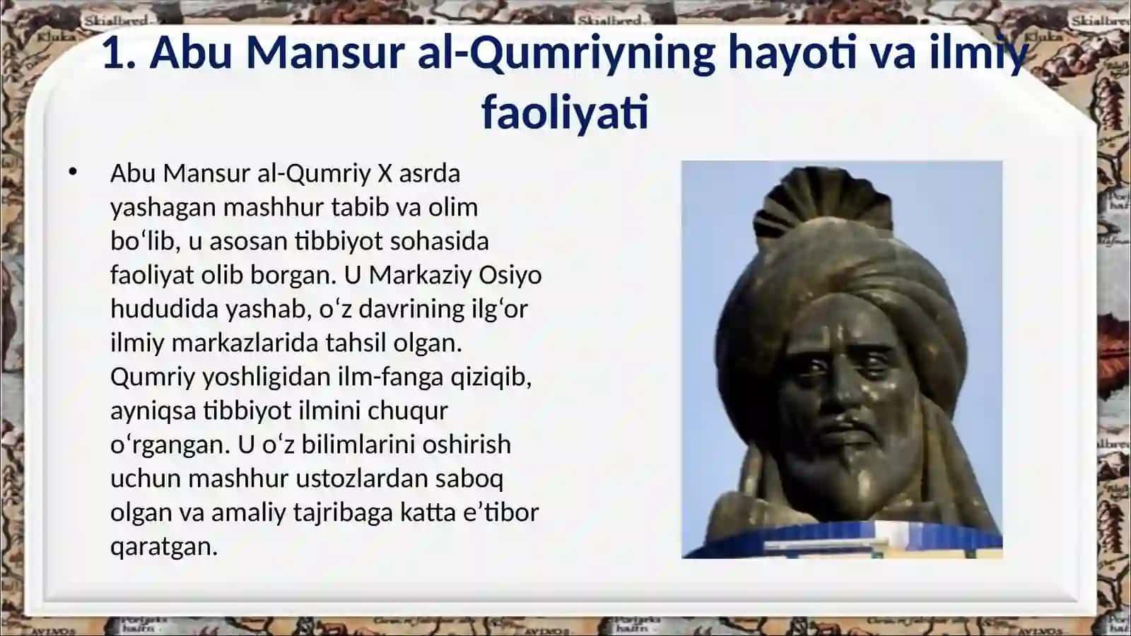 Abu Mansur al-Qumriy (vaf. 999) mavzusida taqdimot ishi 4