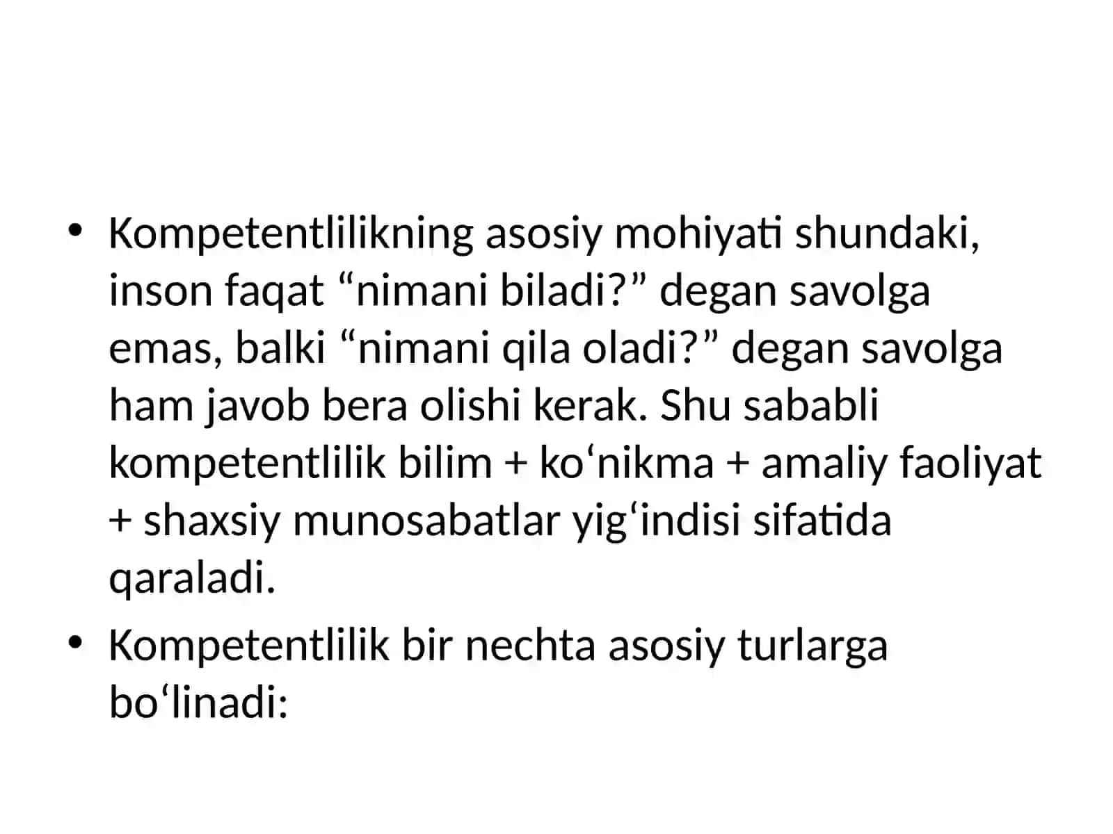 Kompetentlilik va uning turlari. O'qituvchi shaxsiga qo'yiladigan talablar. Adabiyot o'qitishda ta'lim texnologiyalarining o'rni va roli. Modulli ta'lim texnologiyasi 4