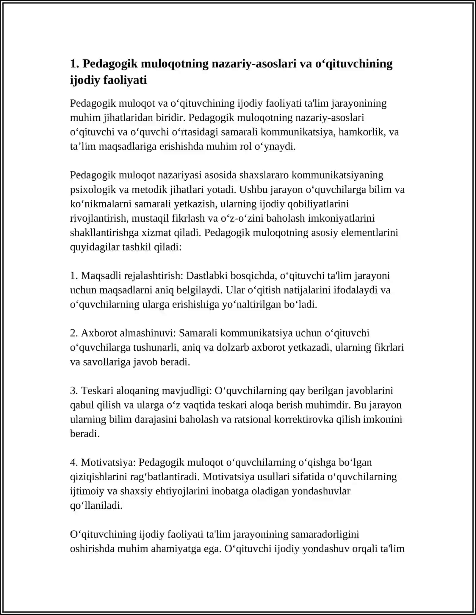 N//PEDAGOGIK MULOQOT-O‘QITUVCHINING IJODIY FAOLIYATI SIFATIDA 4