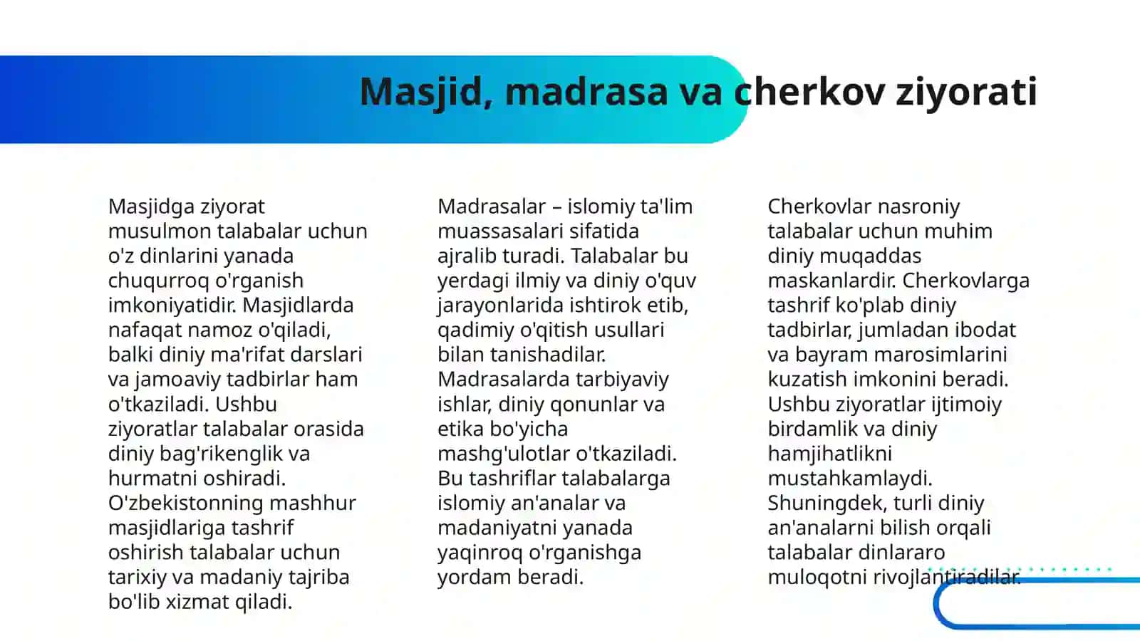 TALABALAR BILAN O’ZBEKISTINDAGI DINIY TASHKILOTLARGA BORISH;MASJID,MADRASA,CHERKOV 4