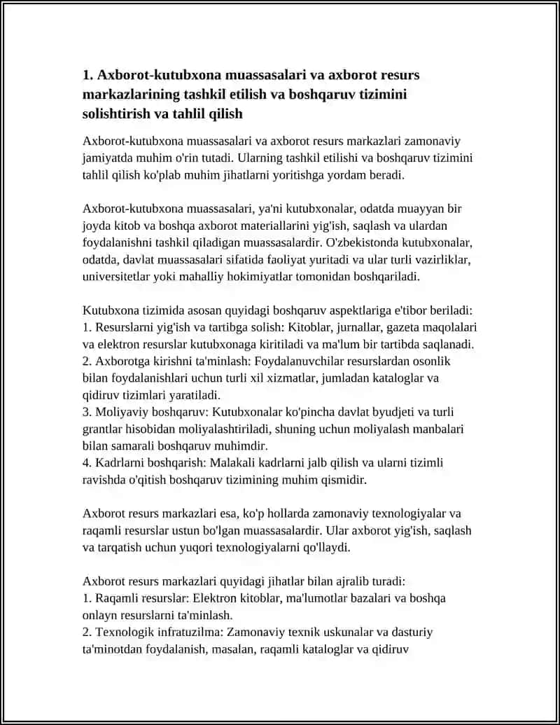 AXBOROT - KUTUBXONA MUASSASALARI VA AXBOROT RESURS MARKAZLARI BIR BIRI BILAN SOLISHTIRING VA TAHLIL QILING 4