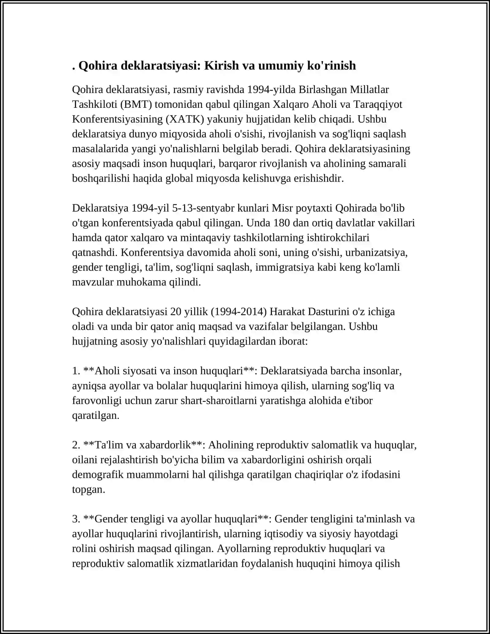 Qohira deklaratsiyasi tarixi va mazmuni borasida tahliliy maqola tayyorlash 4