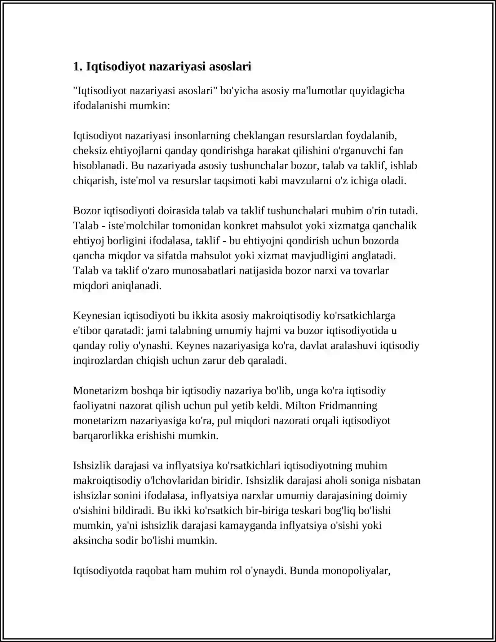 MILLIY IQTISODIYOTNING MUVOZANATLI VA MUTANOSIBLI RIVOJLANISHI MUSTAQIL ISH 4