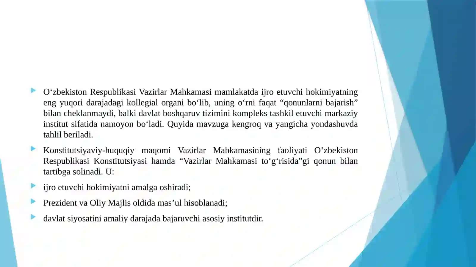 OʻZBEKISTON RESPUBLIKASI VAZIRLAR MAHKAMASINING HOKIMIYAT TIZIMIDAGI O‘RNI 4