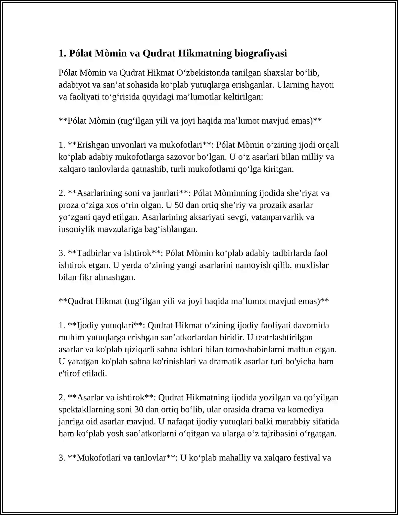MUSTAQIL ISH Mavzu: PÓLAT MÒMIN VA QUDRAT HIKMATNING HAYOTI VA IJODI BÒYICHA 4