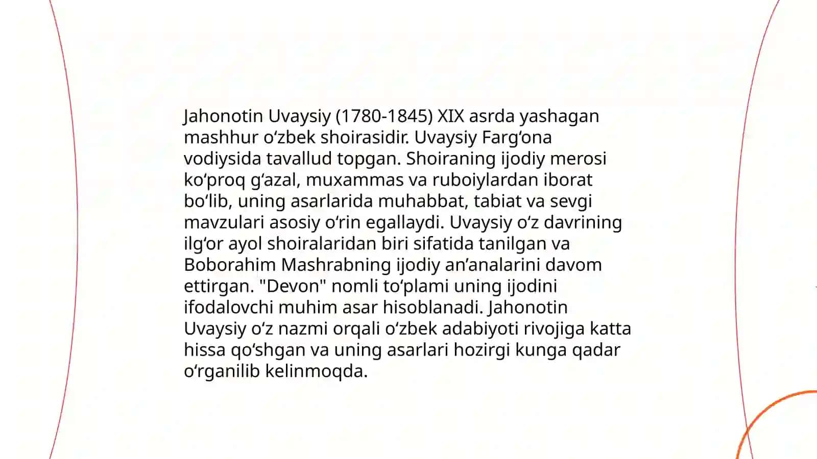 Jahonotin Uvaysiy va Mohlaroyim Nodira ijodiy merosi. Hayot yo'li. She'riyati 4