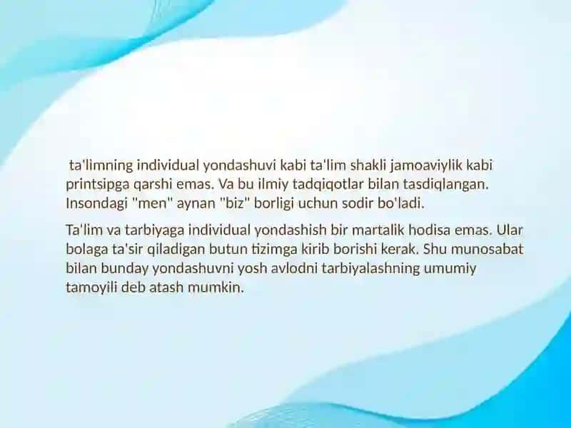 Ta’lim Rivojlandirish Jarayonida Bolalarga Individual Yondashishi Texnologiyasini Amalga Oshirish Uchun Psixologik – Pedagogik Sharoitlar 4