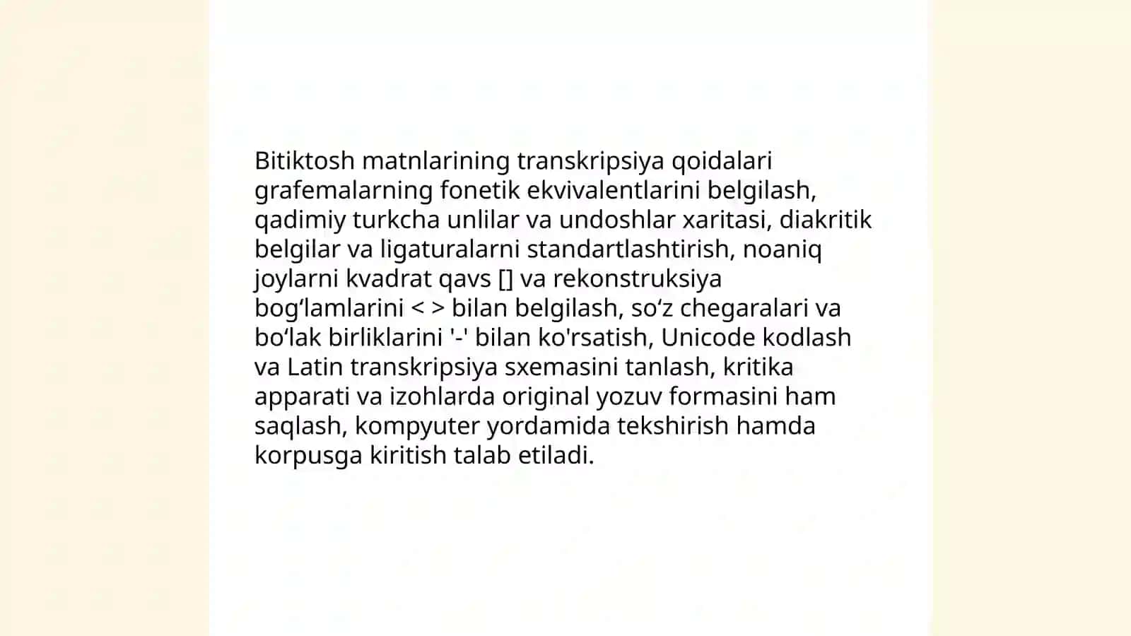 Qadimgi turkiy bitiktoshlarni ustida kuzatishlar olib borish, ularning asli, transkripsiyasi mazmunini muqoyasa qilish 4