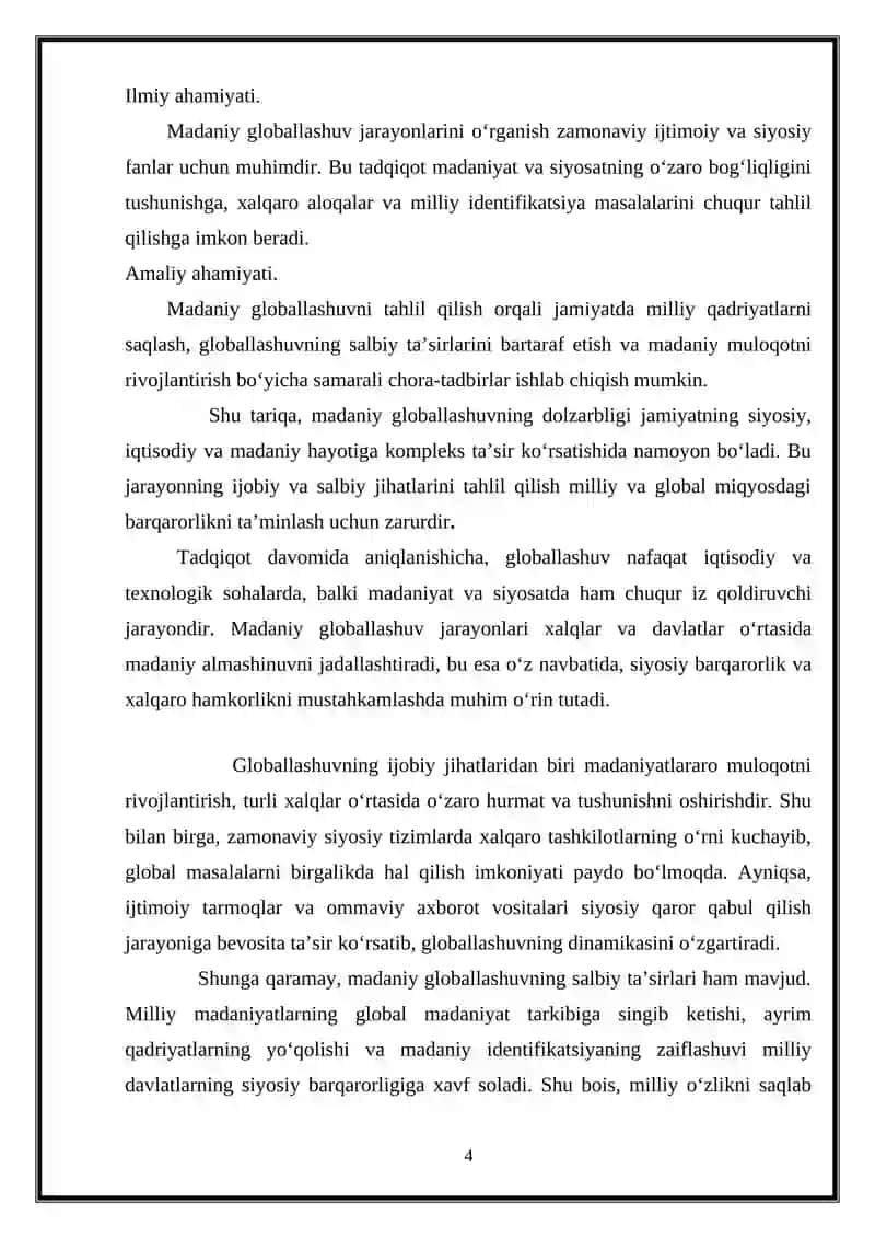 Madaniy globallashuv jarayonlarining mohiyati va jamiyat siyosiy hayotidagi ahamiyati 4