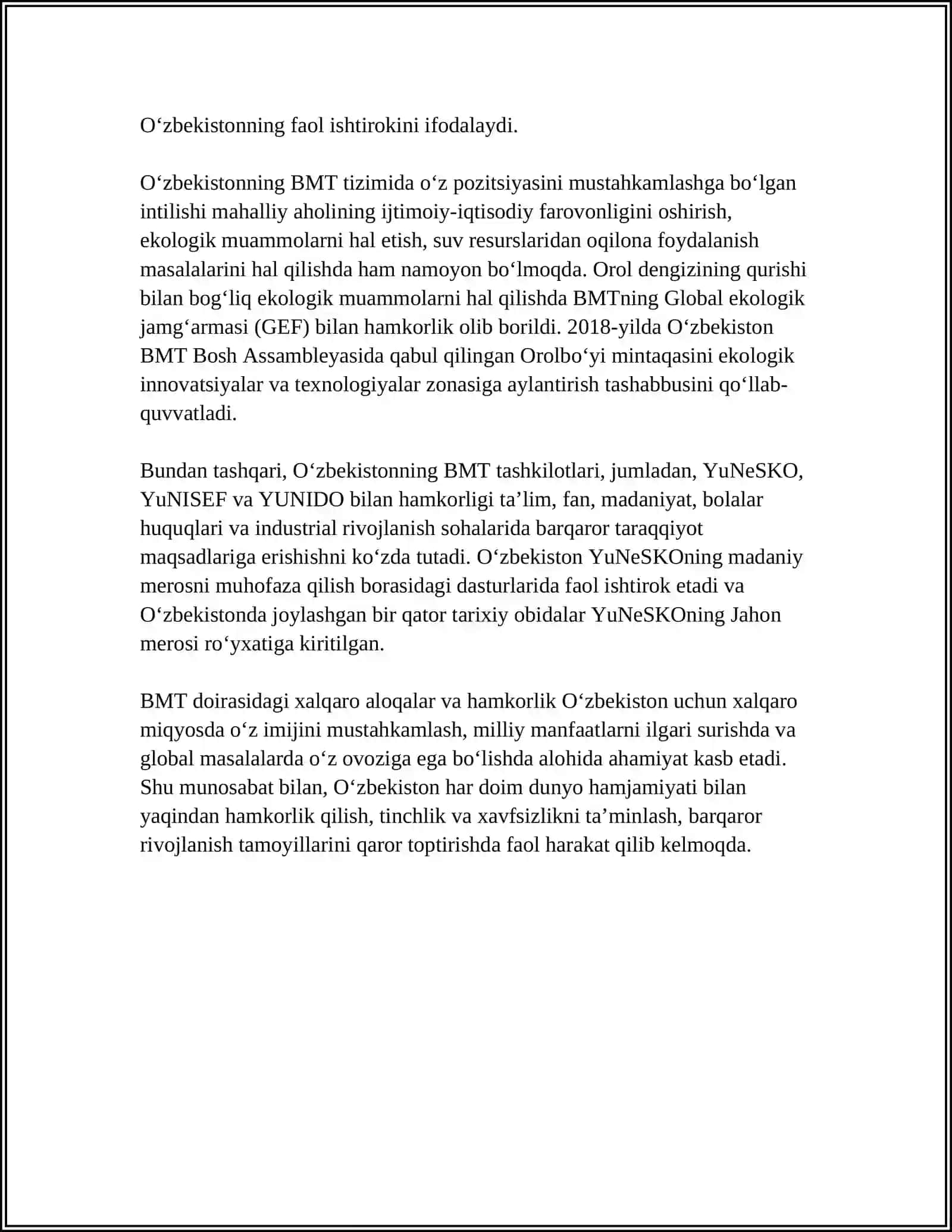 O'zbekistonning BMT va Xalqaro Tashkilotlar bilan Xalqaro Aloqalari 4