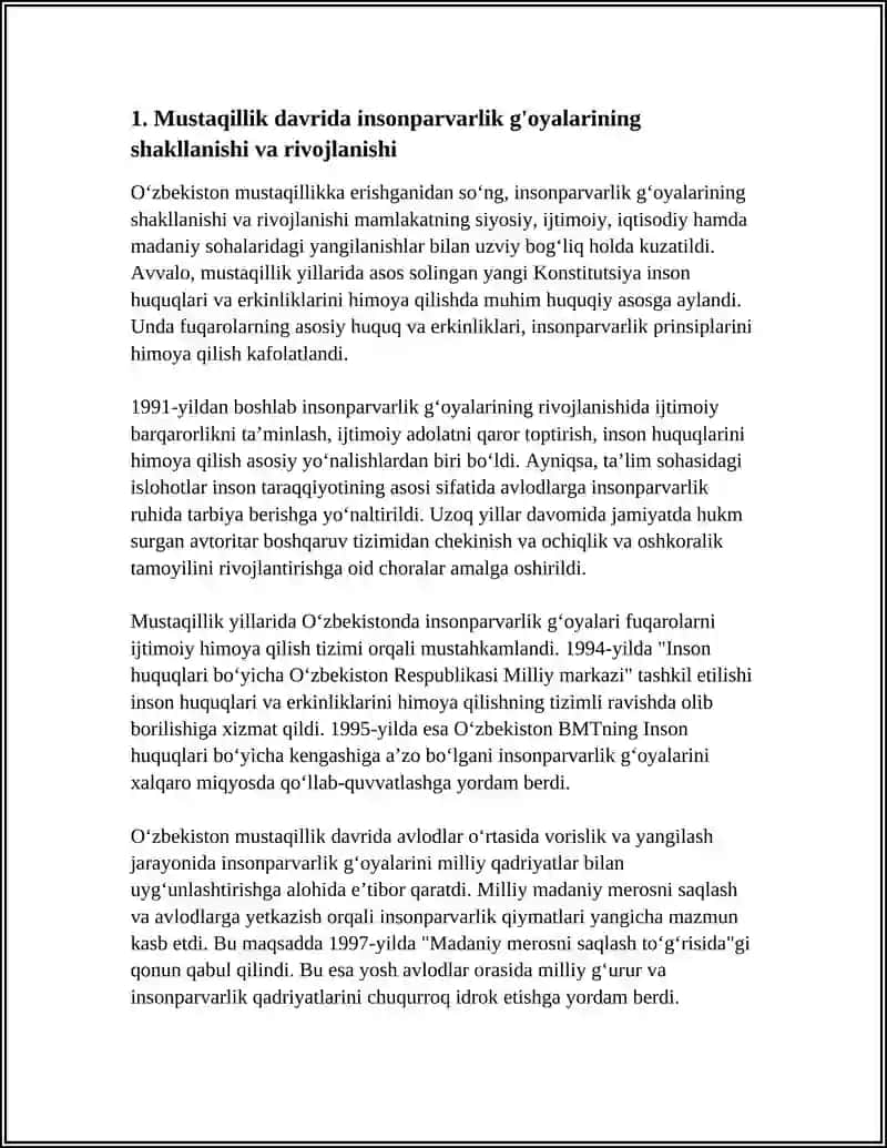 O‘ZBEKISTONNING MUSTAQIL TARAQQIYOTI JARAYONIDA INSONPARVARLIK G'OYALARINING TAKOMILLASHUVI 4