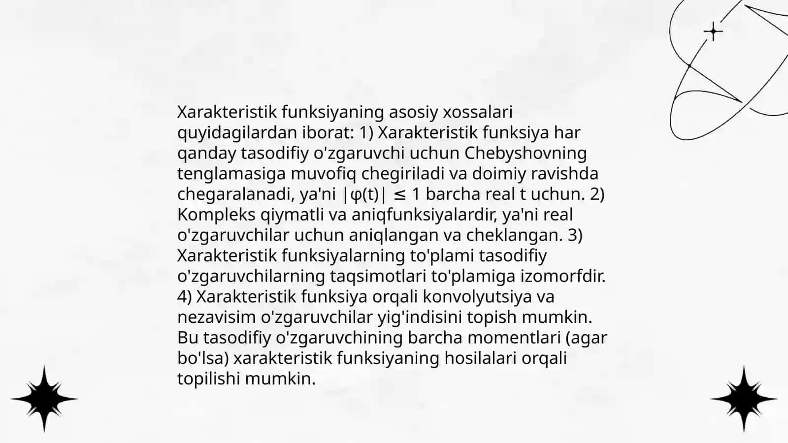 Xarakteristik funksiya va uning xossalari. Tasodifiy miqdorlar ketma-ketlngining yaqinlashish turlari 4