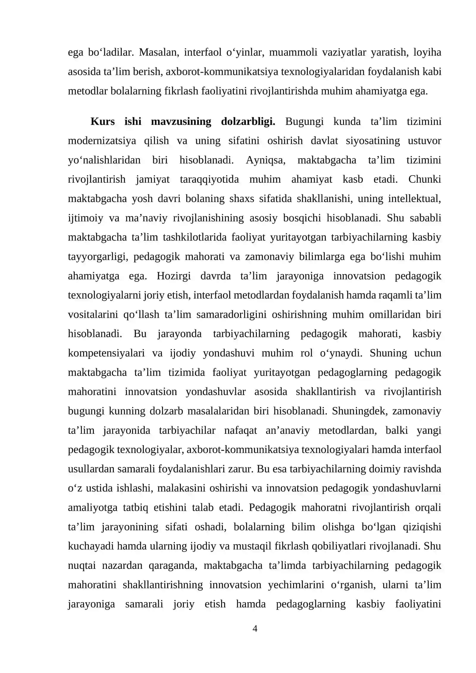 MAKTABGACHA TA'LIMDA TARBIYACHILARNING PEDAGOGIK MAHORATINI SHAKLLANTIRISHNING INNOVATSION YECHIMLARI. 4