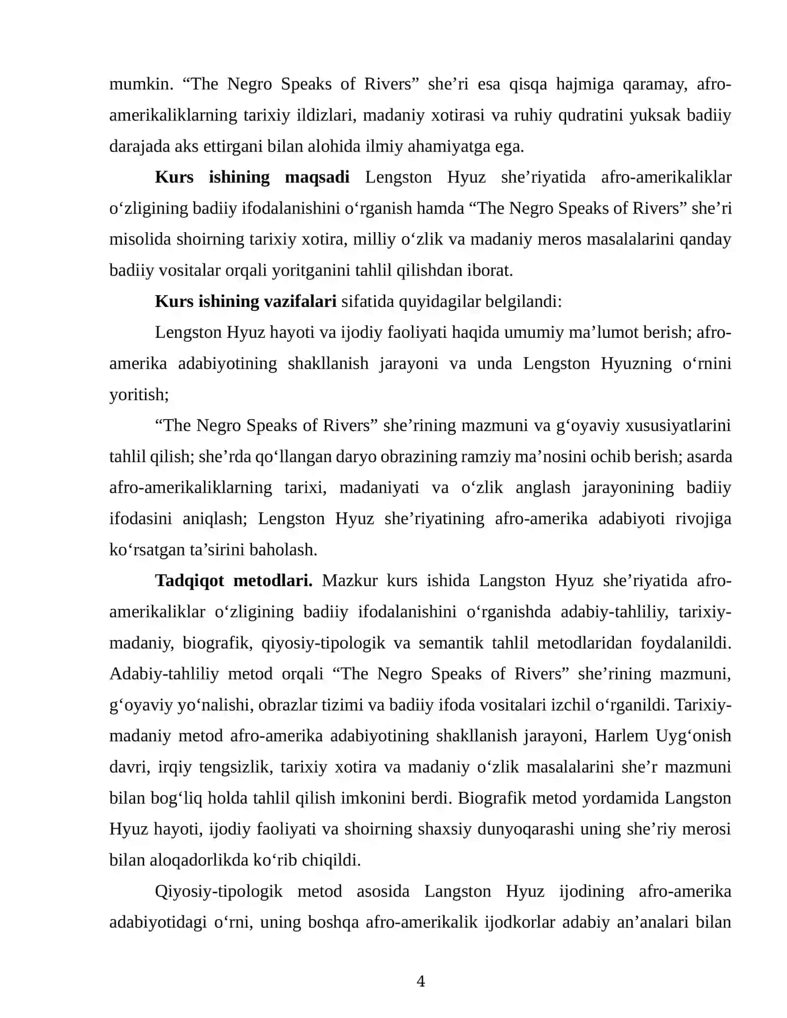 Lengston Hyuz she’riyatida afro-amerikaliklar òzligining badiiy ifodasi (“The Negro Speaks of Rivers”misolida) 4