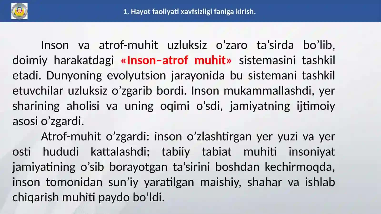 Hayot faoliyati xavfsizligifanigakirish 4