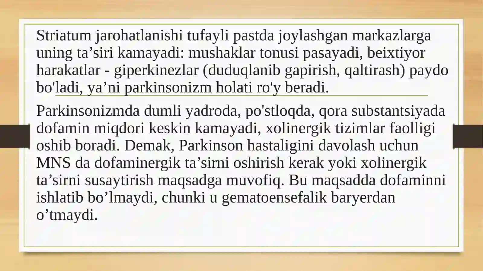 Parkinsonkasalligini davolashda ishlatiladigan dorivoshlar 4