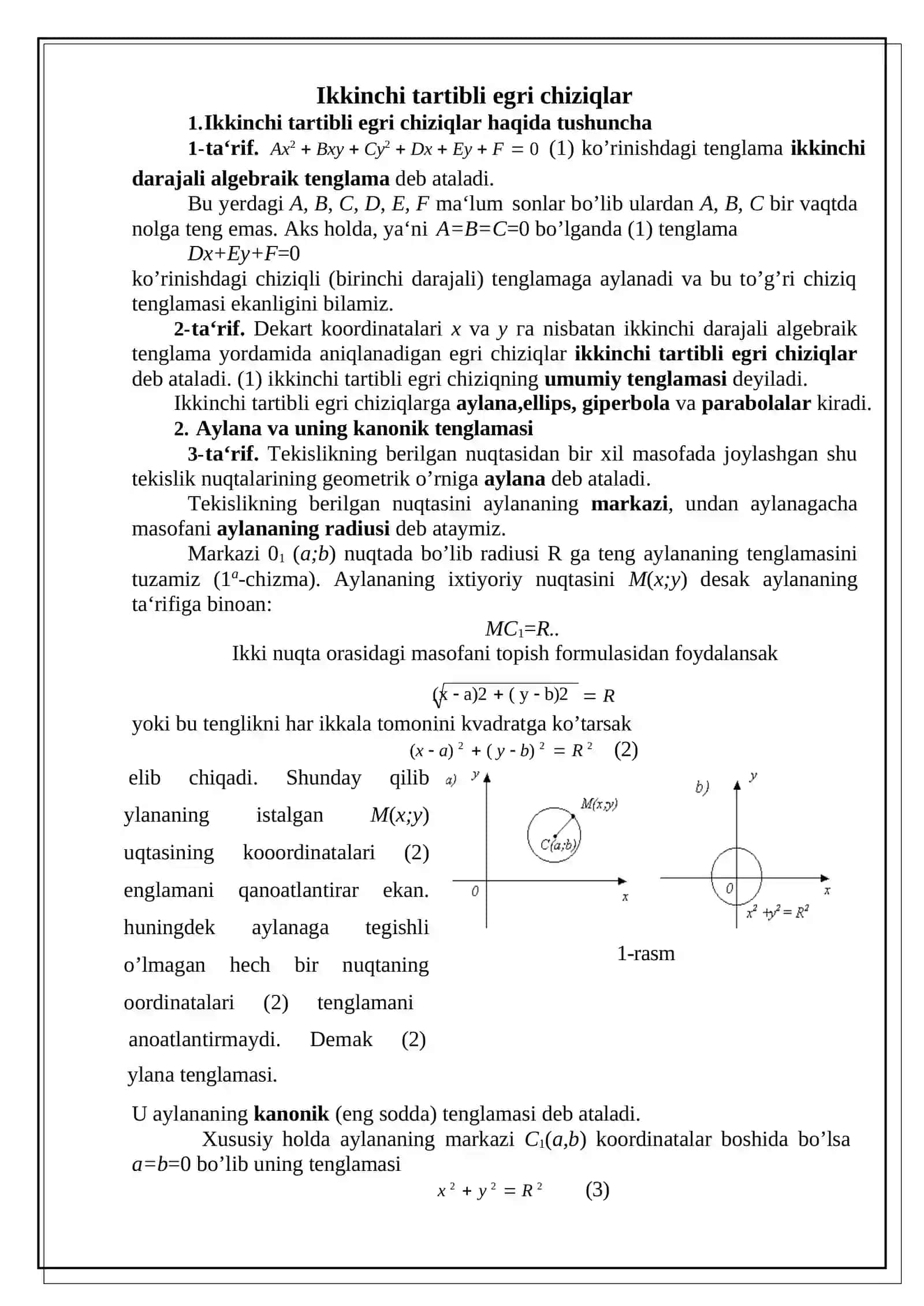 Ikkinchi tartibli egri chiziqning kanonik tenglamasi. Aylana, ellipsis, giperbola, parabola 4