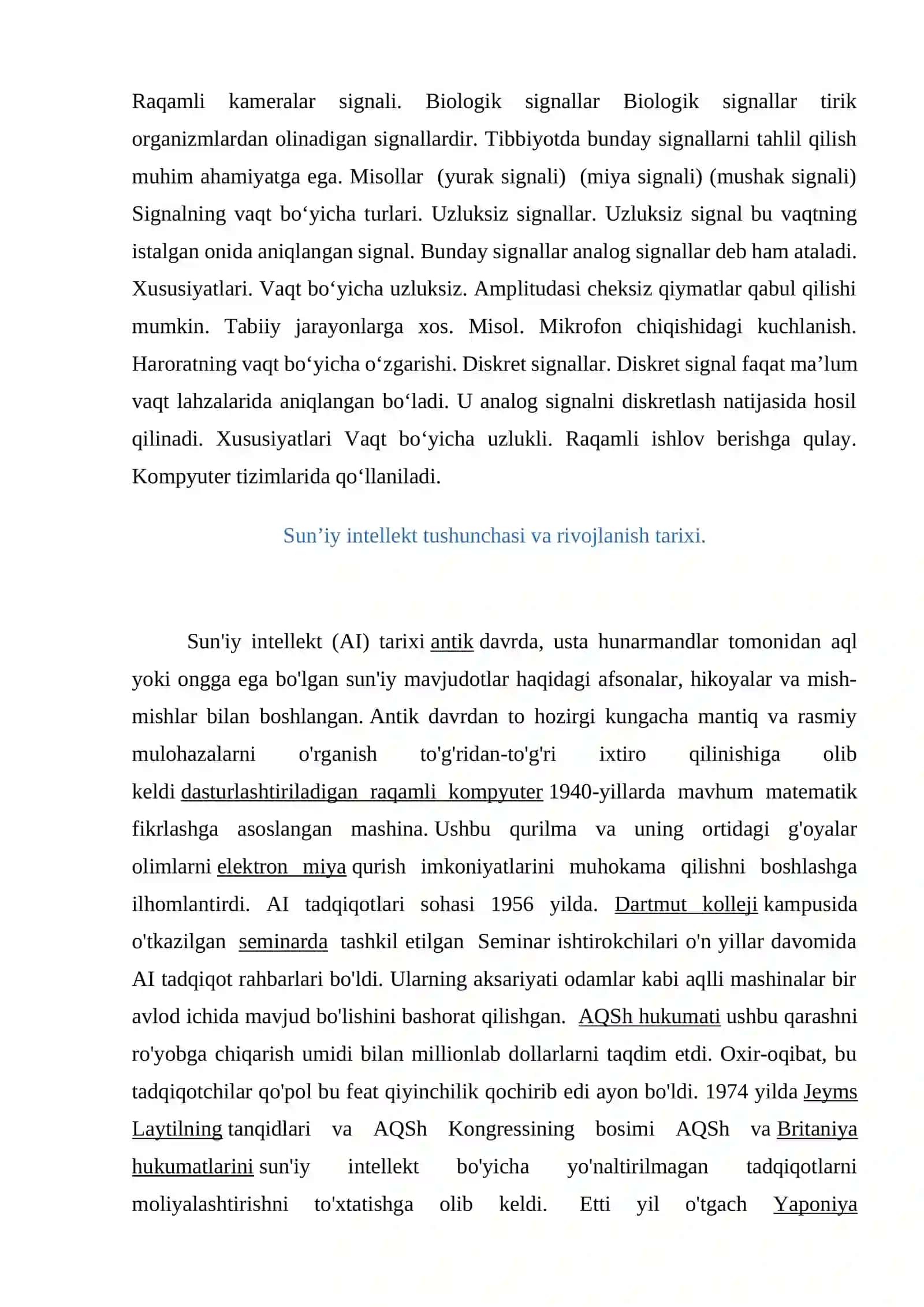 Bir va ikki o’lchovchi signallarga raqamli ishlov berishda sun’iy intellekt algoritmlarini qo’llash. 4