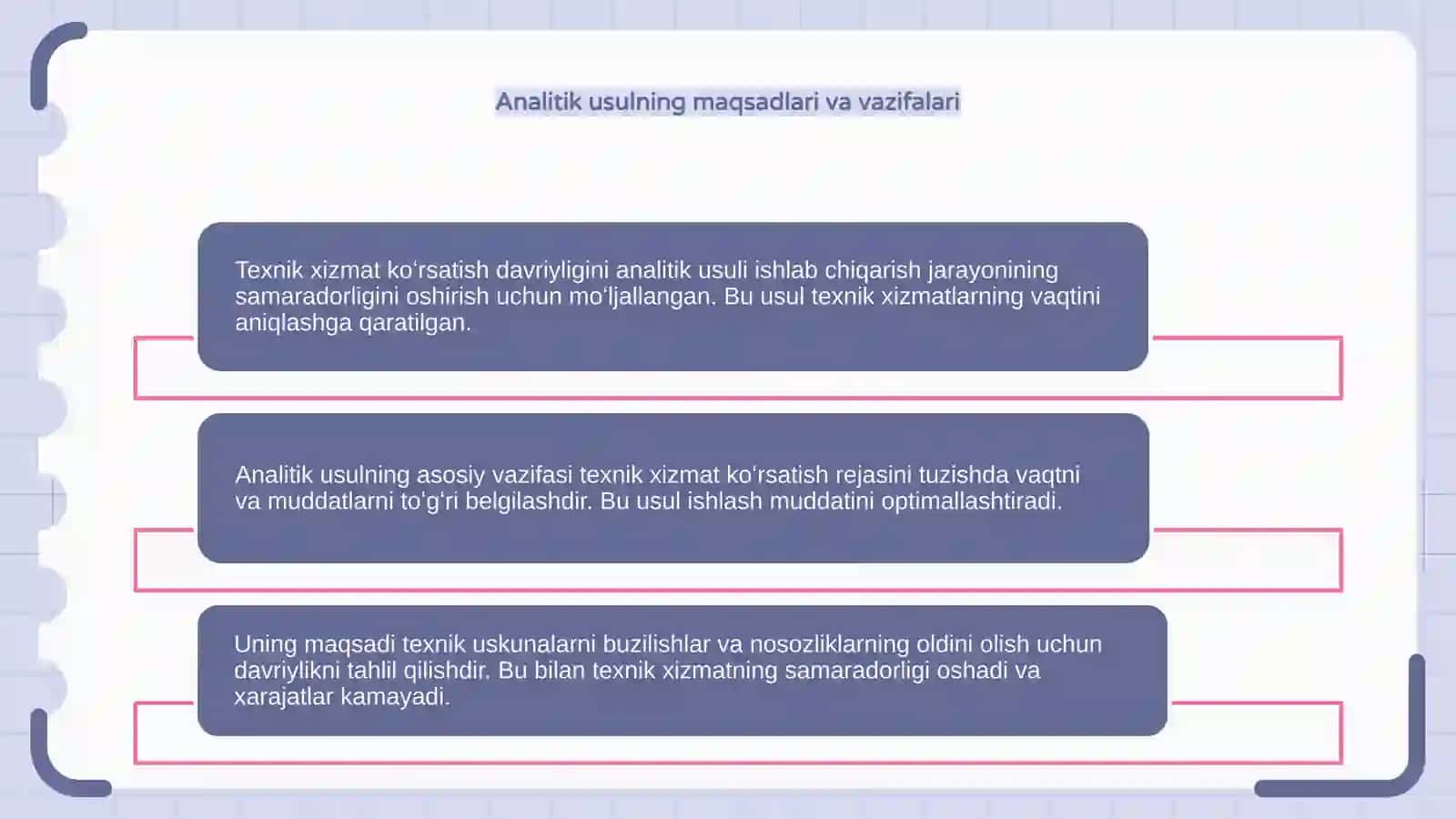 Texnik xizmat koʻrsatish davriyligini analitik usuli 4