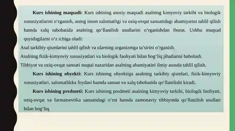 ASAL KIMYOVIY TARKIBI, XOSSALARI VA AHAMIYATI 4