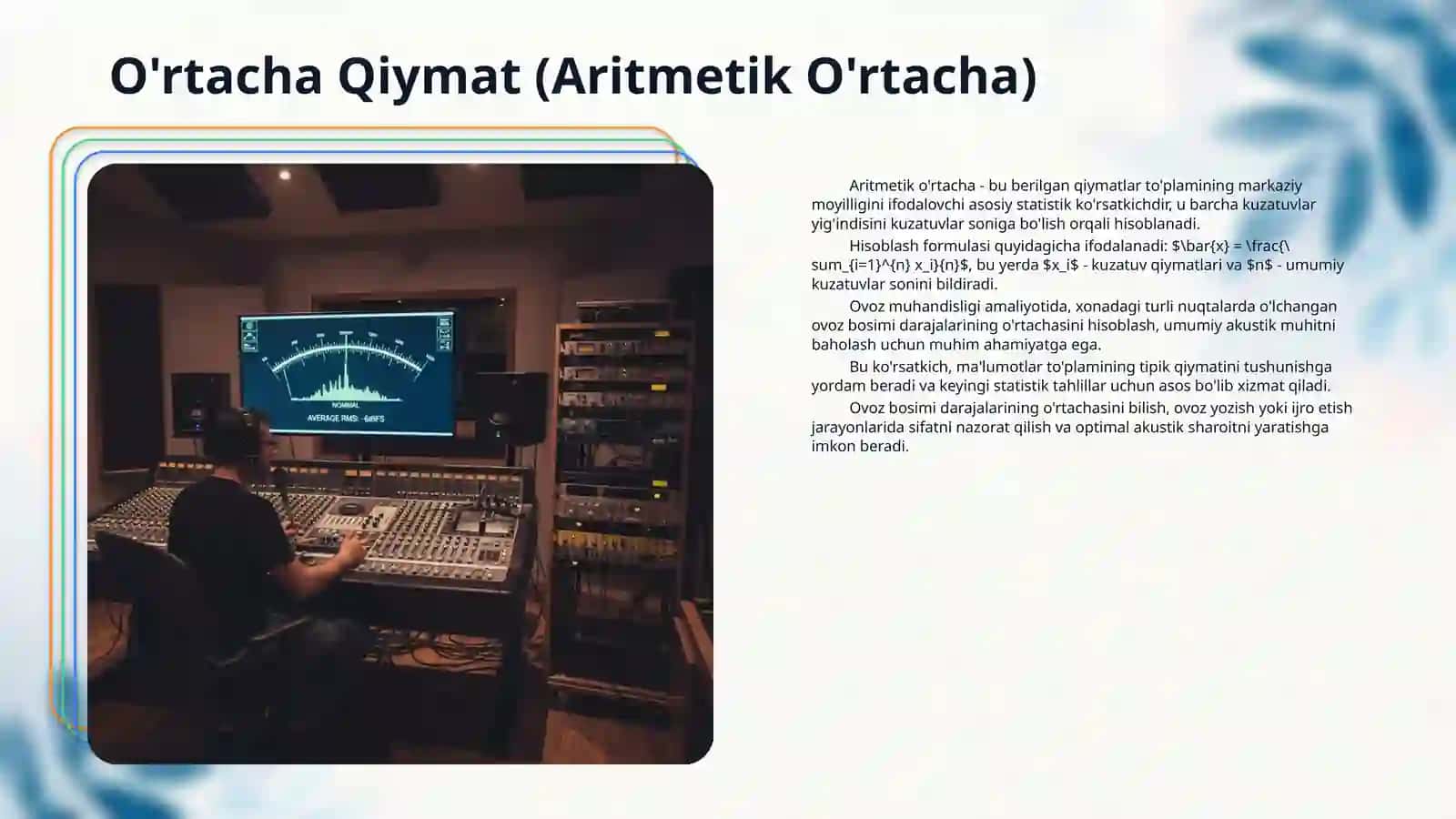 Statistik momentlar: o‘rtacha qiymat, dispersiya, skewness va kurtosis 4