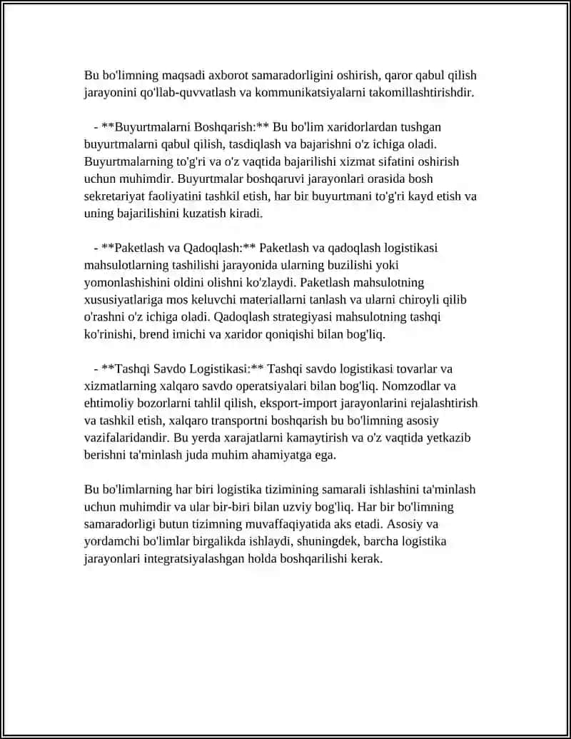 LOGISTIKANING ASOSIY VA YORDAMCHI FUNKSIONAL BO'LIMLARI TAVSIFI 4
