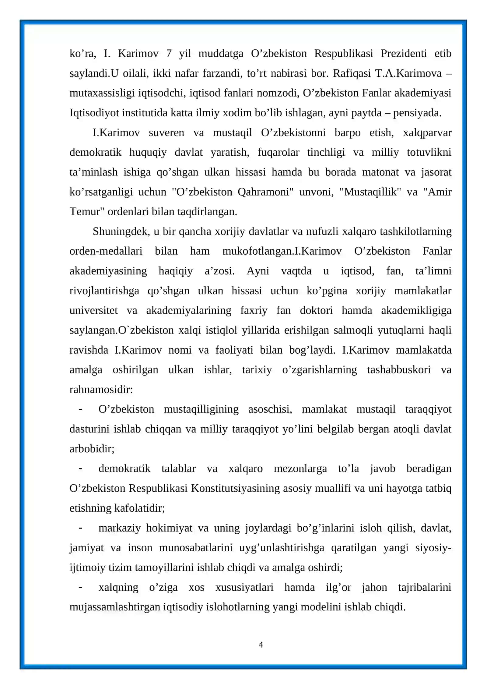 Mustaqil O‘zbekiston davlatining yuzaga kelishi va mustahkamlanishida I. Karimovning tarixiy hizmatlari 4