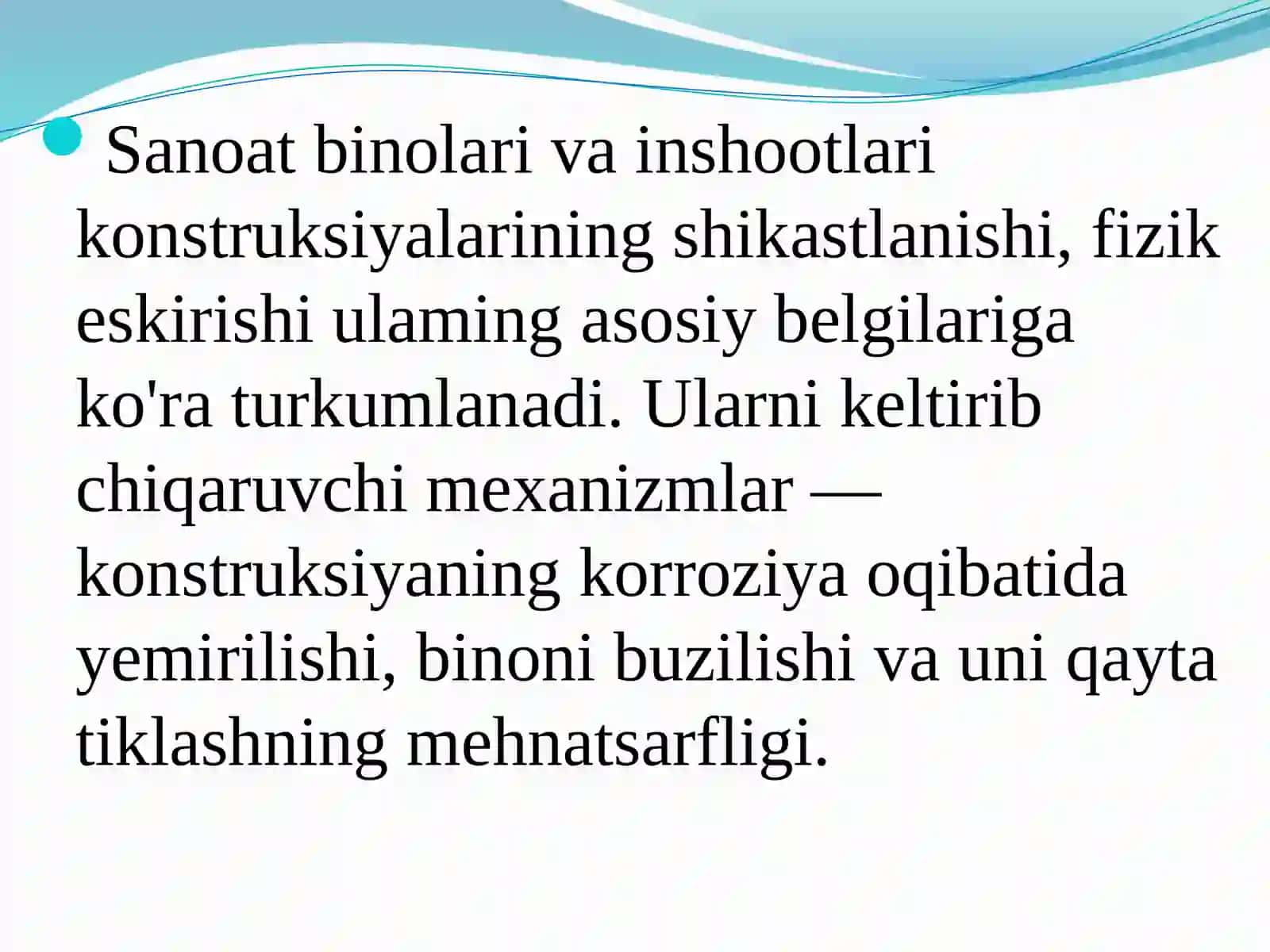 Arxitekturayechimlarining shakllanishiga ta’sir qiluvchi asosiy omillar. Sanoatbinolari va inshootlarini rekonstruktsiyasining o’ziga xosligi. Bino va inshootlarni tekshirish ishlari 4