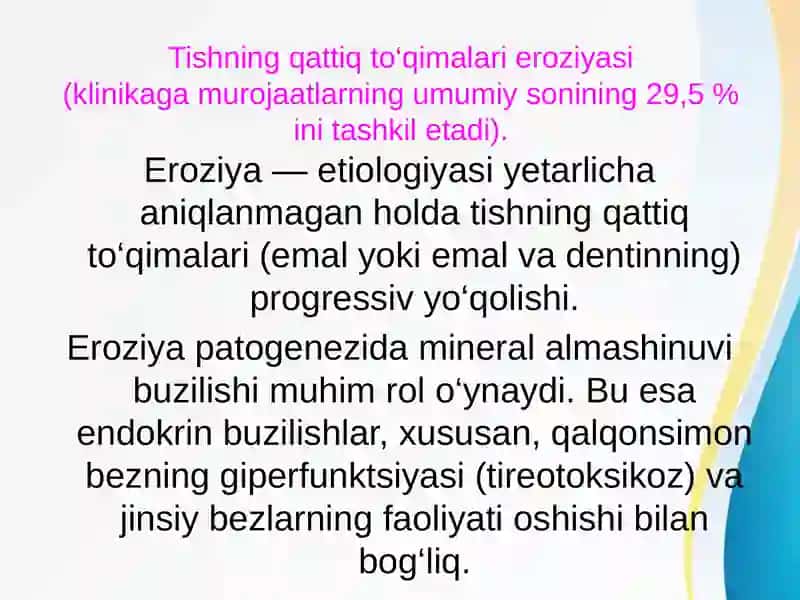 tish chiqqandan keyin rivojlanadigan tish qattiq toqimasining nokaries kasalliklari 4