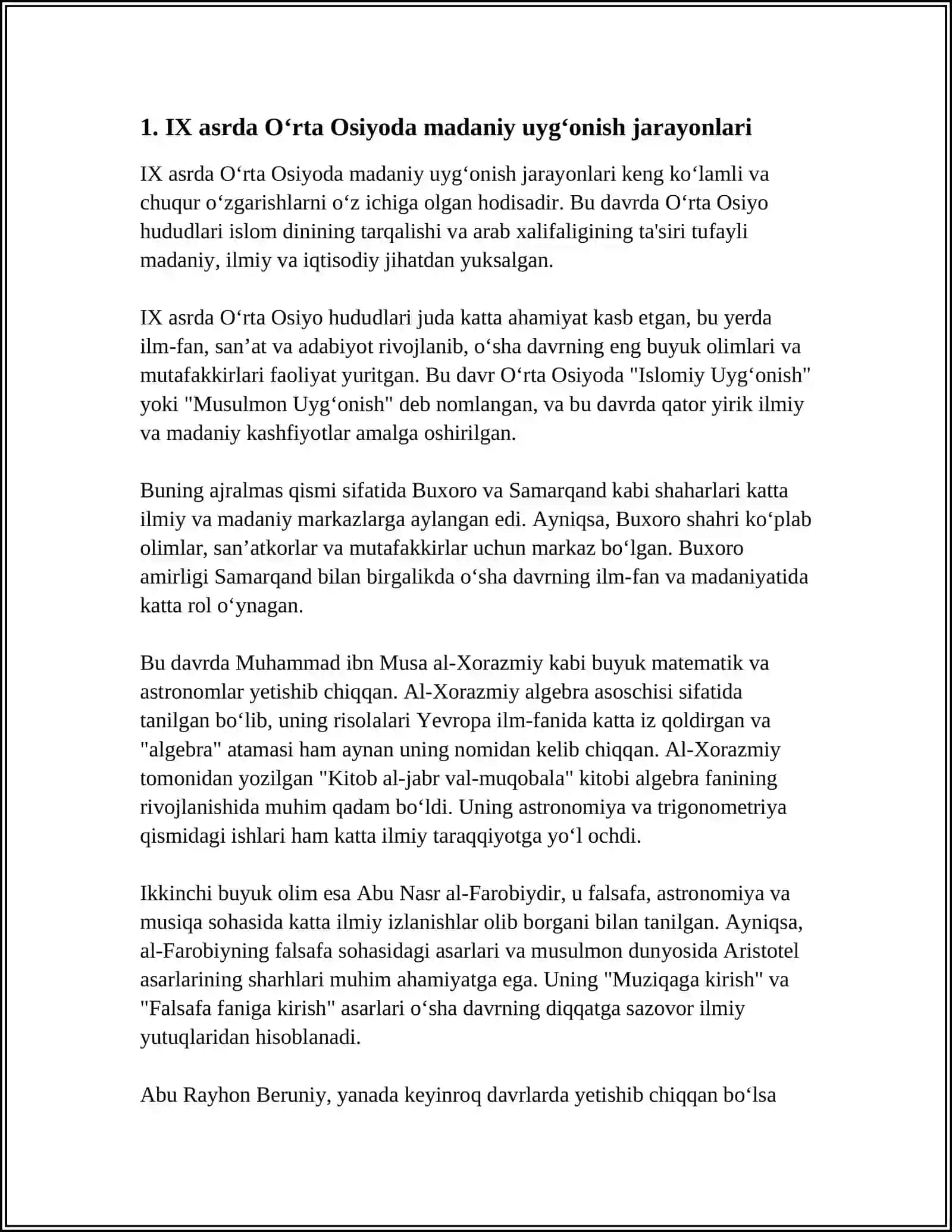 IX-XII ASRLARDA MAMLAKATIMIZ HUDUDIDA RO'Y BERGAN MADANIY UYG'ONISH (RENESSANS). BUYUK ALLOMALARNING JAHON SIVILIZATSIYASIGA QO'SHGAN HISSASI MAVZUGA OID VIDEO MATERIALLAR TAYYORLASH 4
