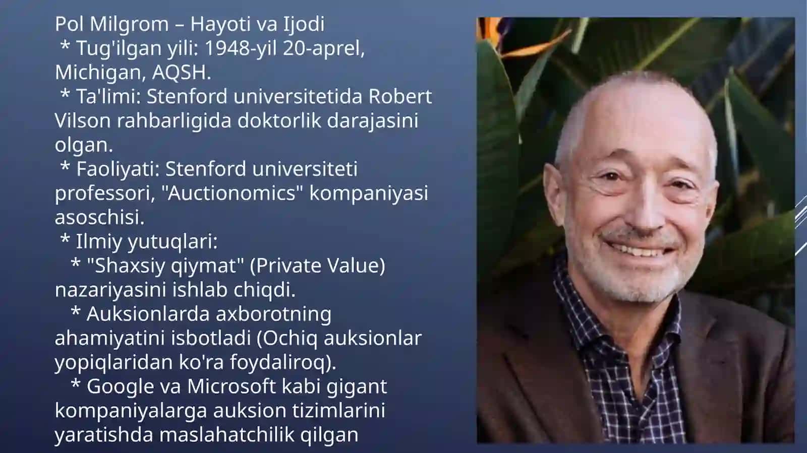 NOBEL MUKOFOTI SOVRINDORLARI ROBERT WILSON VA PAUL MILGROM 4