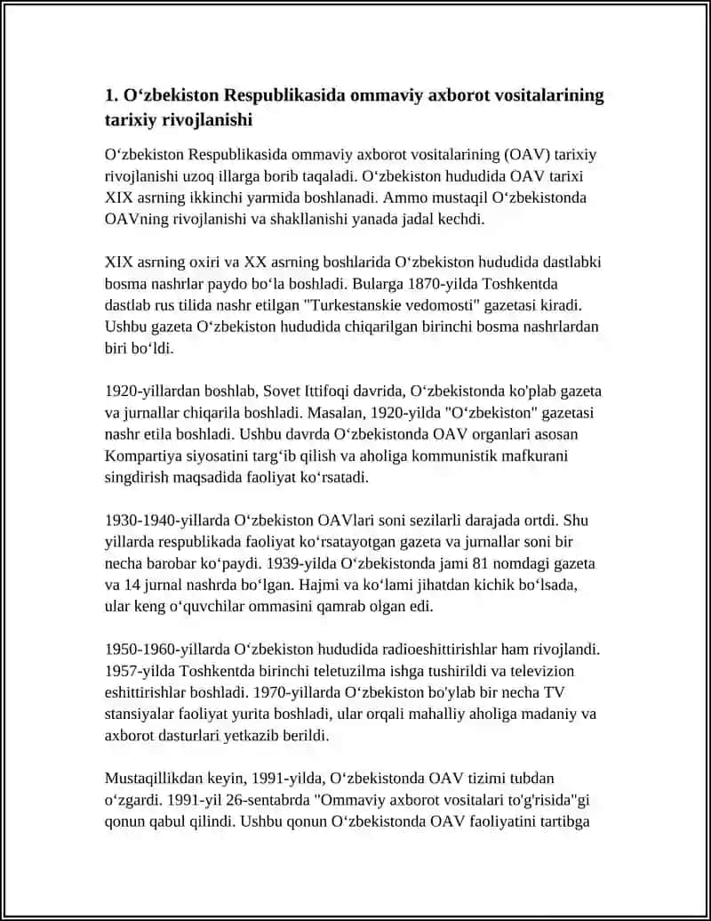 O‘zbekiston Respublikasida Ommaviy Axborot Vositalarining Faoliyati 4